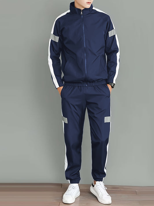 Men'S Spring/Fall Casual Sportswear Two-Piece Set - Black & White Contrast Color Block Jacket & Pants, Regular Fit Long Sleeve with Zippered Pockets for Hiking, Outdoor & Casual Wear, Hiking Clothes, Sporty Casual Attire, Con