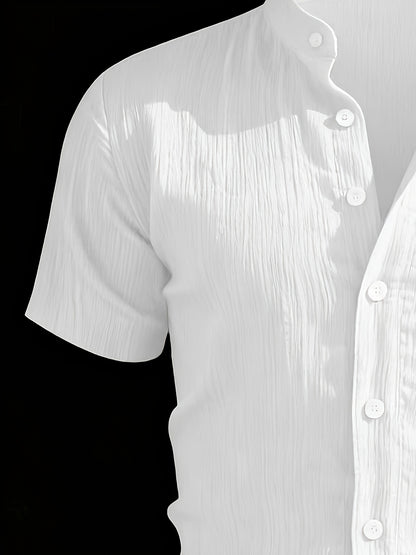 Men's Casual Solid Color Short-Sleeve Shirt with Stand Collar
