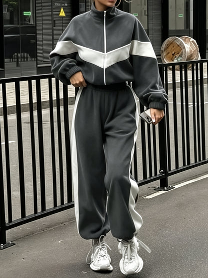 Women’s Fall/Winter Color Block Zipper Jacket and Joggers Set