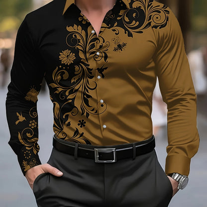 Men'S Casual Floral Print Dress Shirt - Black & White Swirl Design, Button-Up Collar, Long Sleeve, Regular Fit for Spring/Fall, Versatile for Casual & Formal Wear, Spring Fashion, Nonelastic Fabric, Elegant Shirt For Men, Lon
