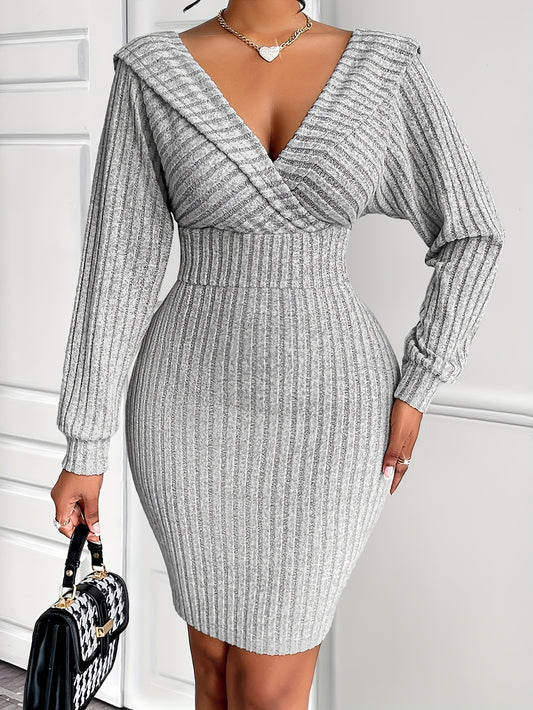 Sexy V-Neck Knit Bodycon Dress for Women, Long Sleeve One-Shoulder Solid Color Polyester Dress with Lace-Up Detail, Regular Fit for Fall Season