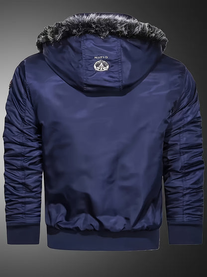 Men'S Heavyweight Winter Jacket with Detachable Hood & 3D Lettering - Full-Zip Windproof Coat, Multi-Pocket Design, Machine Washable