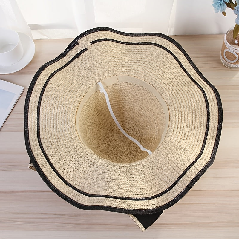 Women’s Summer Wide-Brim Straw Hat with Ruffles & Bow