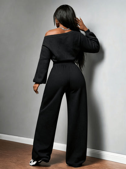 Women's Casual Off-Shoulder Sweatshirt & Wide-Leg Pants Set - ayq
