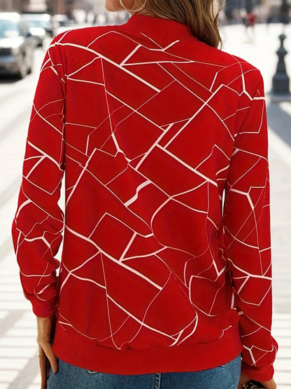 Women's Elegant Black & White Geometric Print Full-Zip Jacket - Casual to Formal Outerwear, Machine Washable Long Sleeve Coat with Full-Zip Front, Relaxed Fit Tapered Hem & Structured Collar for Spring Summer Fall, Casual to