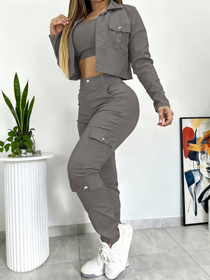 Versatile Multi-pocket Casual Workwear-style Fitted V-neck Cropped Shirt and American-style Wide-leg Pants Set, Women's 2pcs Suit