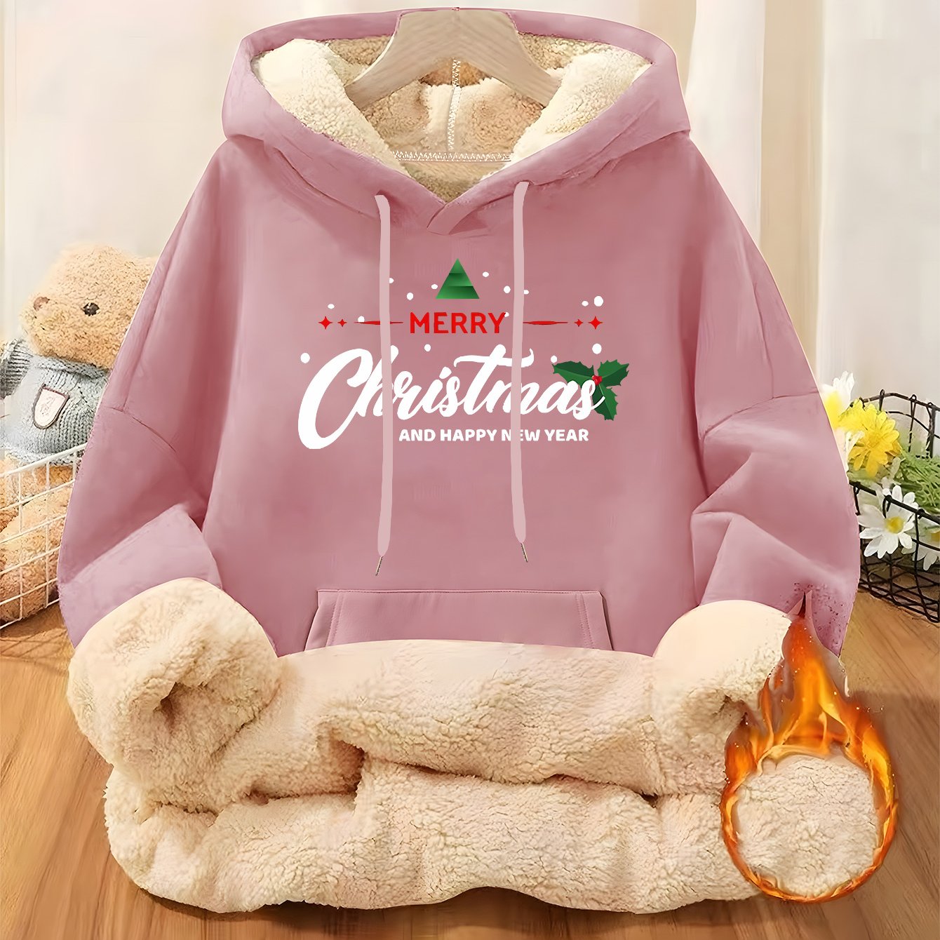 Women'S Plus Size Winter Warm Hooded Sweatshirt with Merry Christmas & Happy New Year Print - Thick Fleece-Lined Oversized Pullover, Cozy Casual Sweater for Christmas, Halloween Gifts, Christmas Sweatshirt, Festive Clothing,
