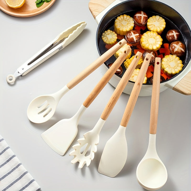 12pcs, wooden handle silicone kitchenware 12 sets, high temperature silicone spatula, spoon, cream spatula, slotted spoon, spaghetti grab, thick spoon, non-stick cooking spoon set, kitchen cooking tools, silicone kitchen uten