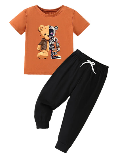 Boys' Casual Cotton T-Shirt and Pants Set with Doll Print