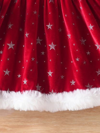 Girls' Christmas Party Dress - Red & Polka Dot A-Line Mid-Length Winter Dress with Puff Sleeves, Round Neck & Flared Skirt for Holiday Celebrations, Christmas Dresses For Girls, Festive Outfit, Playful Design