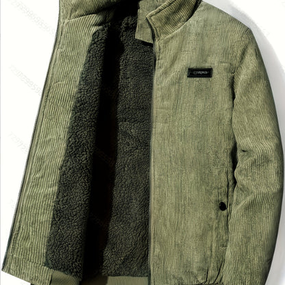 Men's Corduroy Jacket Olive Green - Retro Loose-Fit Full-Zip Winter Coat with Stand Collar & Zippered Pockets, Machine Washable Corduroy Outer (No) for Casual & Formal Wear - Autumn/Winter Outerwear, Womens Coats And Jackets,