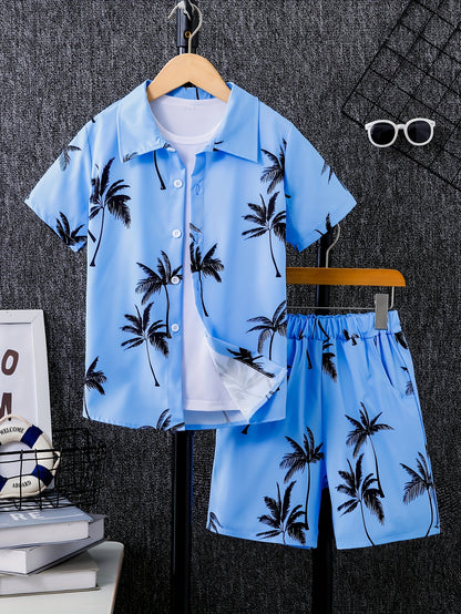 2pcs Boys Casual Coconut Tree Graphic Print Short Sleeve Lapel Shirt & Shorts Set, Comfy Summer Boys Clothing For Daily & Outdoor Wear