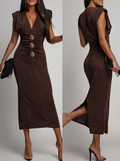 Sleeveless V-Neck Ruched Waist-Defining Metallic Midi Dress
