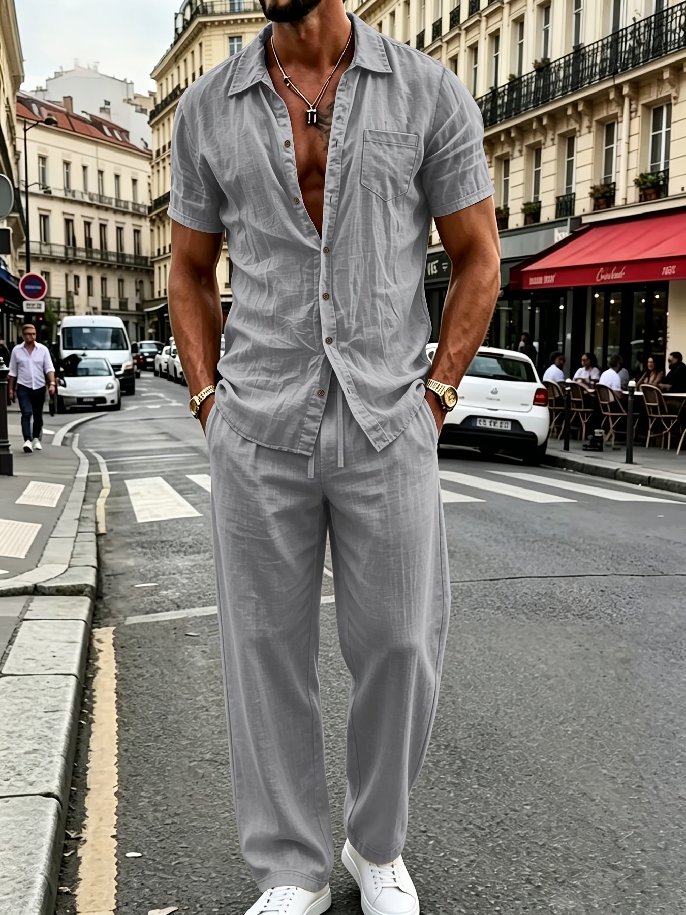 Men's Casual Linen Shirt and Pants Set for Summer Comfort