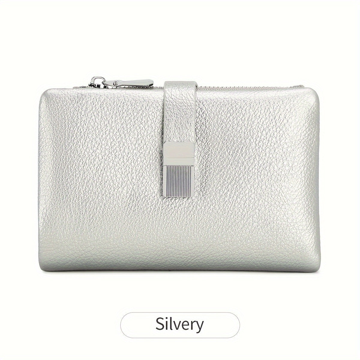 A Compact Trifold Wallet Made of Soft PU in a Solid Color, Featuring Metal Accents. It Includes a Zippered Coin Pocket, Card Slots, And an ID Window, Suitable for Credit Cards, ID Cards, Cash, And Coins. This Modern, Lightwei