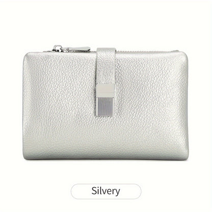 A Compact Trifold Wallet Made of Soft PU in a Solid Color, Featuring Metal Accents. It Includes a Zippered Coin Pocket, Card Slots, And an ID Window, Suitable for Credit Cards, ID Cards, Cash, And Coins. This Modern, Lightwei