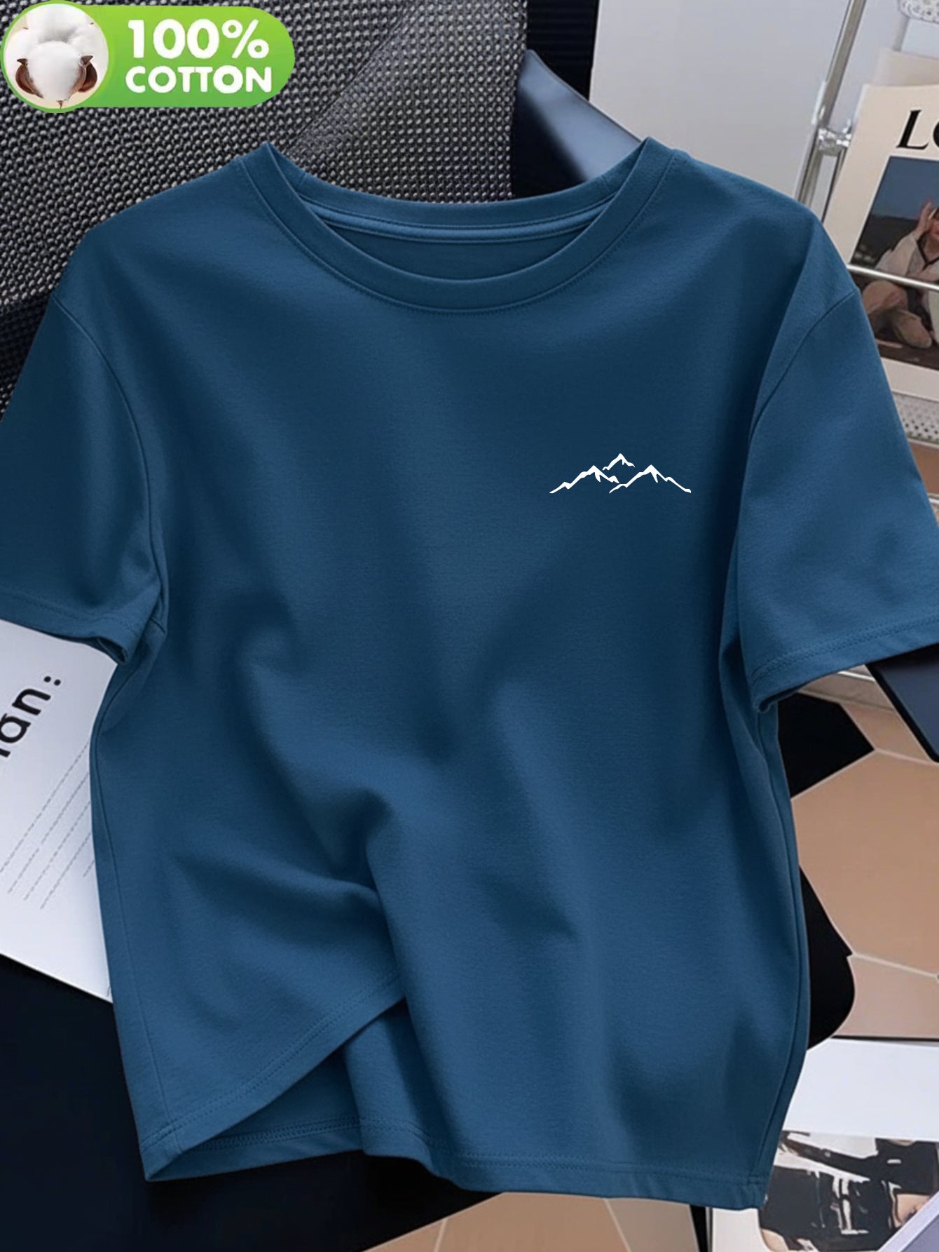 Women's 100% Cotton Crew Neck T-Shirt with Mountain Art Print