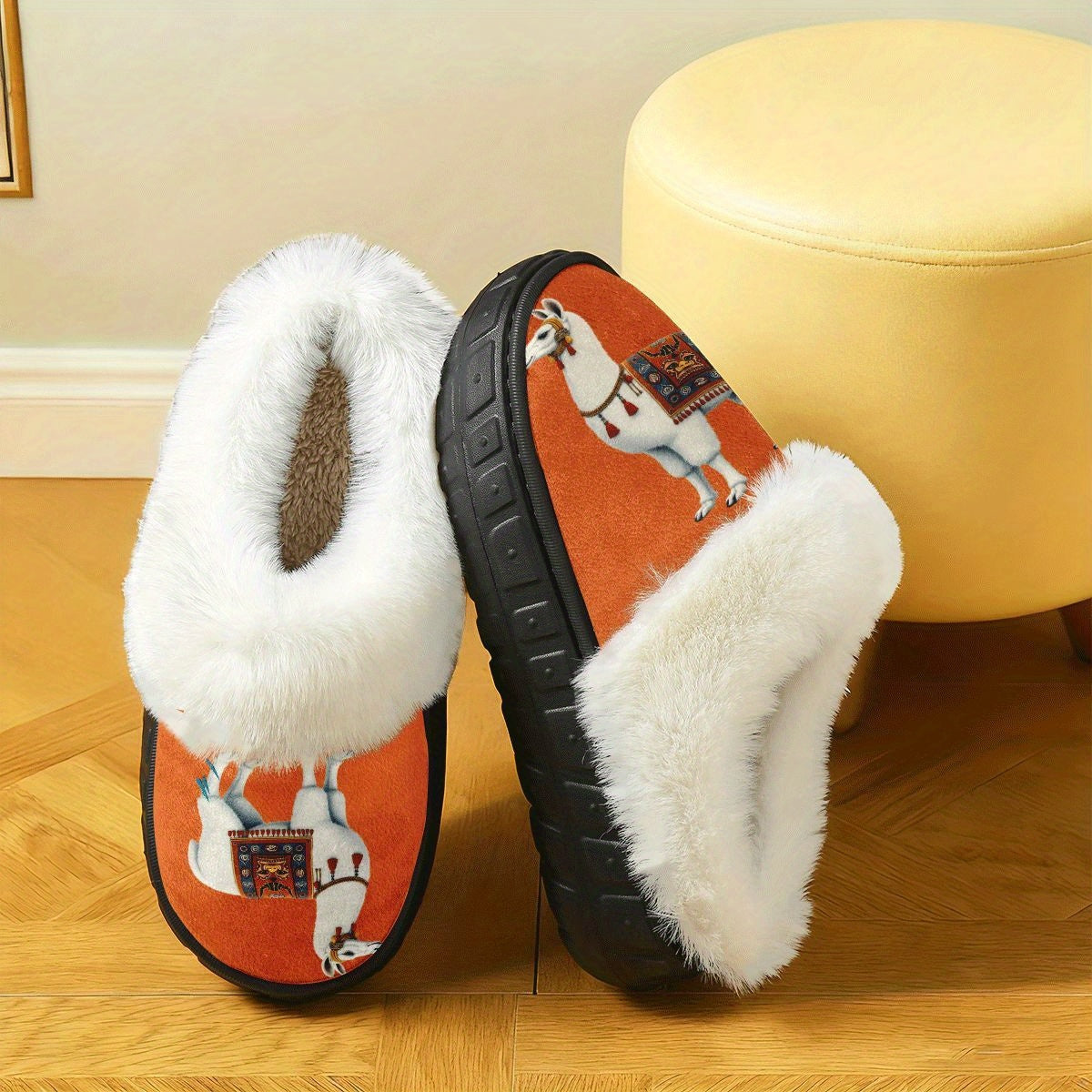 Unisex Winter Print Snow Slippers - Round Toe Warm /Outdoor House with Alp for men & Women, Cozy Sole & Soft Fabric Upper, Ideal Christmas/New Year Gift (Orange Animal Design)