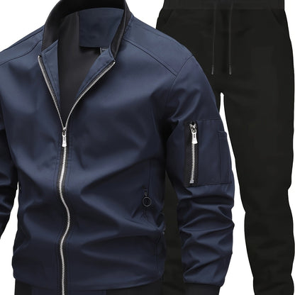 Men'S Casual Workwear Jacket and Pants Set, Solid Color, Long Sleeve, Regular Fit, with Pockets, for Spring/Fall, Casual Attire, Casual Attire|Casual Style|Solid Color Jacket