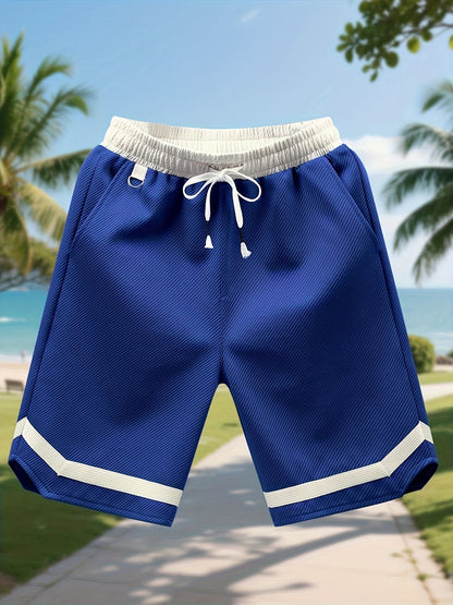 Men's Casual Color Block Polyester Summer Shorts with Drawstring