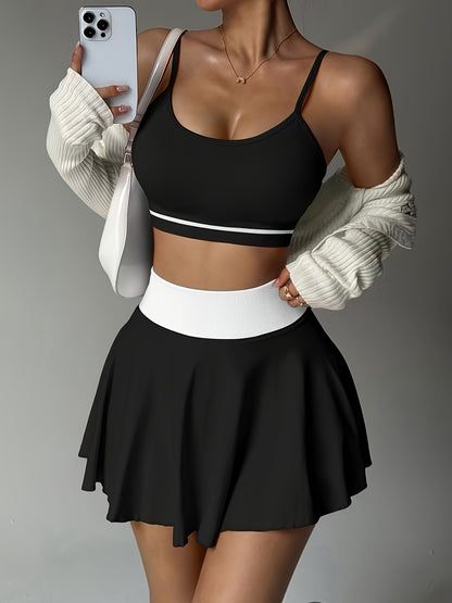 Women's Breathable Backless Sports Bra and High-Waist Pleated Skirt Se