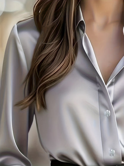 Women's Elegant All-Season Glossy  Shirt Jacket - Collar -Front Closure, Solid Brown (Copper/Black) - Tailored Blazer for, Office & Formal Events - Machine Washable Non-Stretch Professional Outerwear