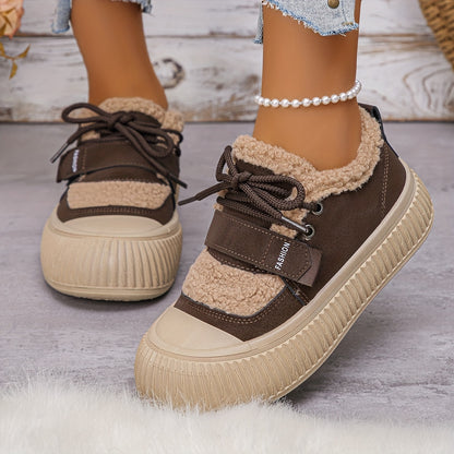Women's Winter Plush Fleece-Lined Thermal Shoes - Upper & Rubber Sole Low-Top Ankle Boots with Faux Fur Collar, Brown/Beige/ Traction Tread for Cold Weather, Casual & Semi-Formal Outfits - Cozy Warm Winter Boots with Fleece L