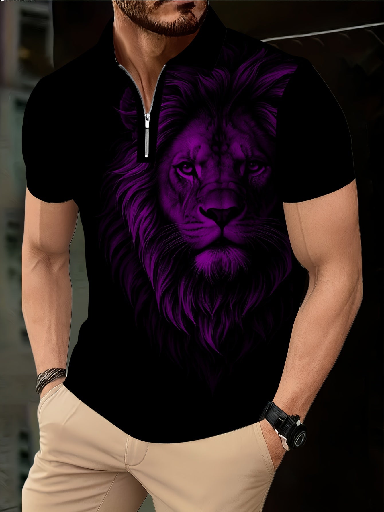 Men's Zip Shirt Short Sleeve Summer Trendy Lion Print Collar T-Shirt Business Casual Slim Fit Men's Top Women's Clothing