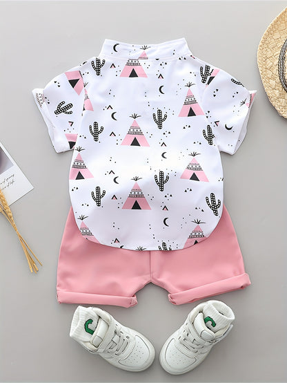 Boys' Casual Summer T-Shirt and Shorts Set with Pyramid Print