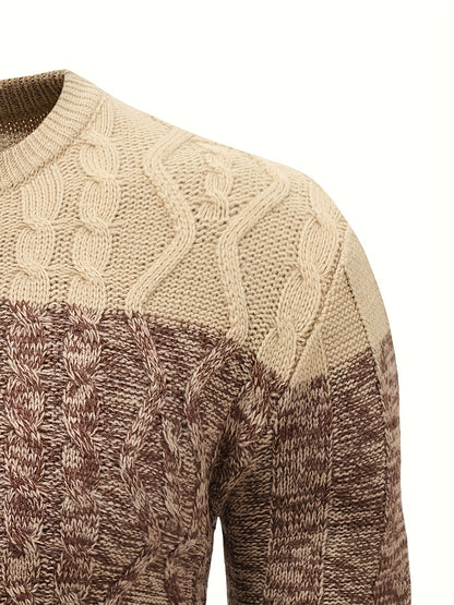 Men'S Casual Pullover Sweater for Spring And Autumn, Featuring a Color-Blocked Cable Knit Design, Made from 100% Acrylic Material.