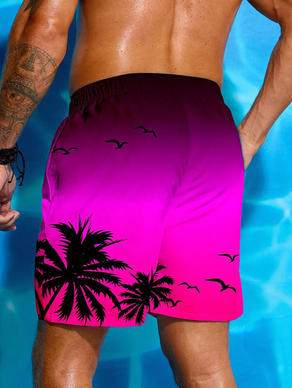 Men's Tropical Palm Tree Beach Swim Shorts with Drawstring Waist