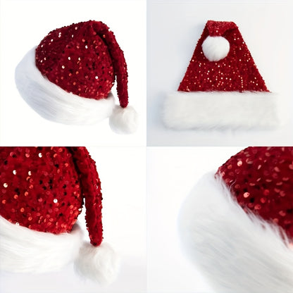 1pc Shiny Christmas Hat, Red Santa Claus Party Hat for Christmas New Year, Snowman Hat for Halloween Party, Santa Hat for Adults and Boys Girls, Double Layer Plush Trim Shiny Christmas Hat, for Holiday Parties and New Year Ce