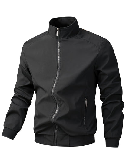 Men's Casual Royal Blue Bomber Jacket - Full Zip, Loose Fit, Polyester, Stand Collar, Long Sleeve, Lightweight & Durable for Spring and Fall, Casual Outerwear | Ribbed Cuff Sleeves | Durable Outerwear