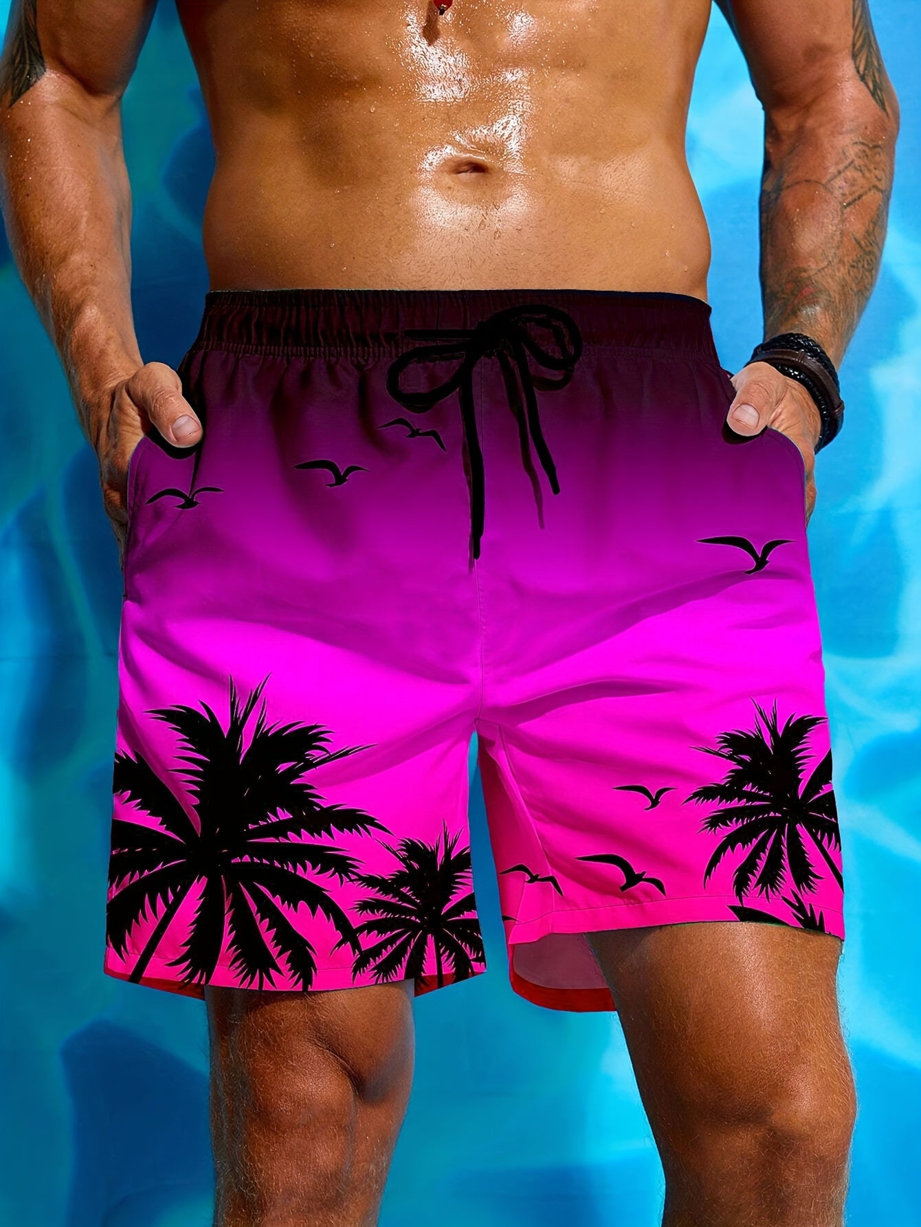 Men's Tropical Palm Tree Beach Swim Shorts with Drawstring Waist