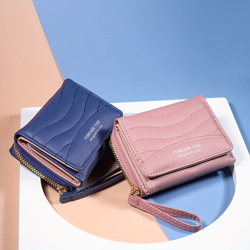 2024 New Women'S Short Wallet, Korean Style Zippered Coin Purse, Simple Design, Tri-Fold Multifunctional Faux Leather Card Holder.