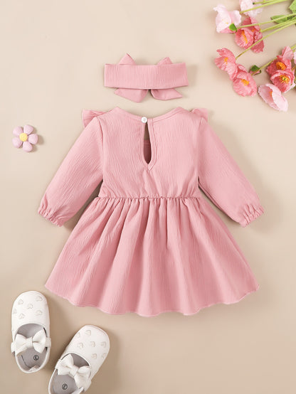 1-18 Months Girls' Red Dress | Christmas New Year Festival Party Wear with Headband, Princess Style, Autumn-Winter Collection, Crew Neck, Long Sleeve, Knee High, Flared Hem