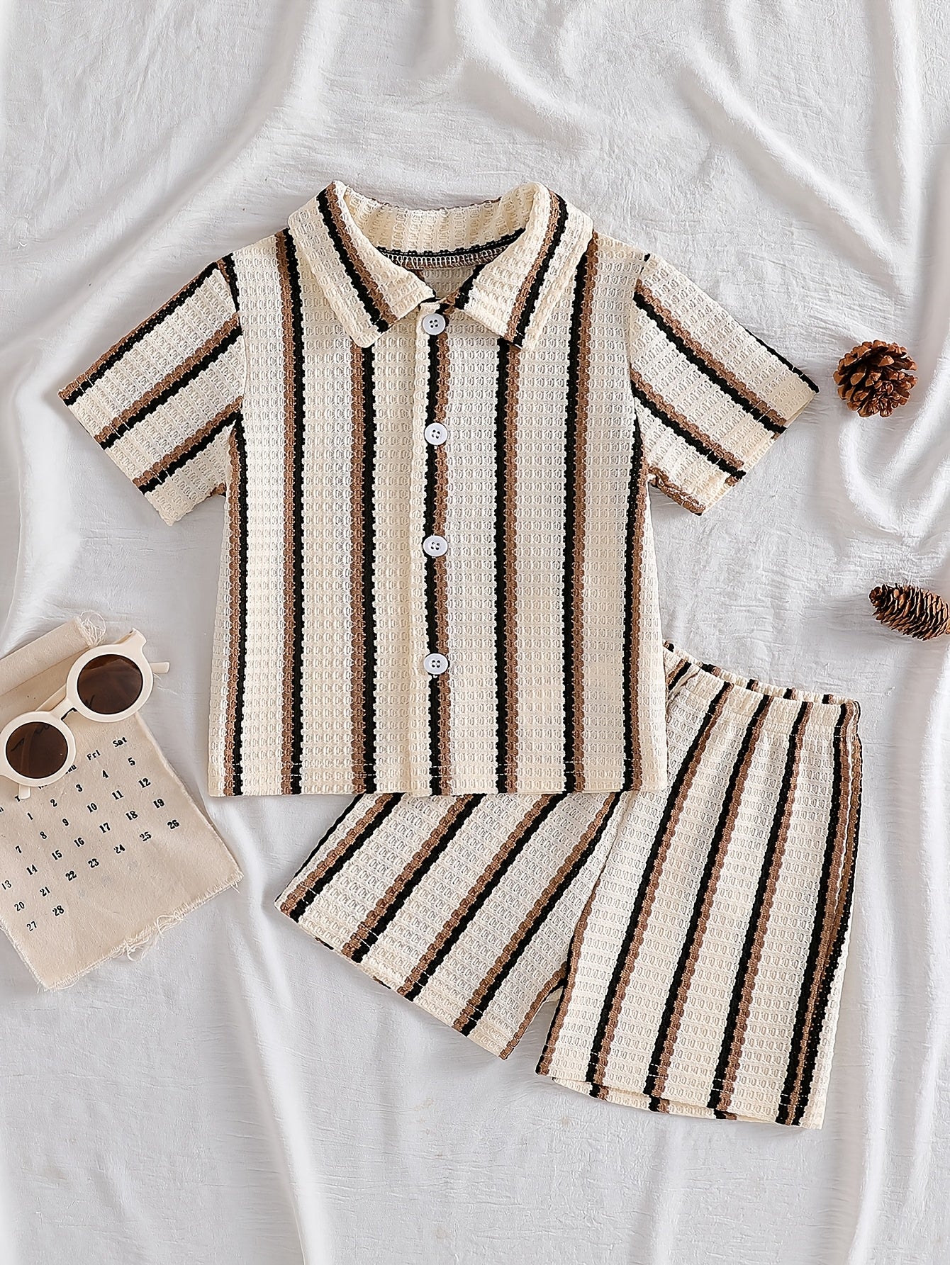 Boys' Summer Striped Waffle Knit Shirt & Shorts Set
