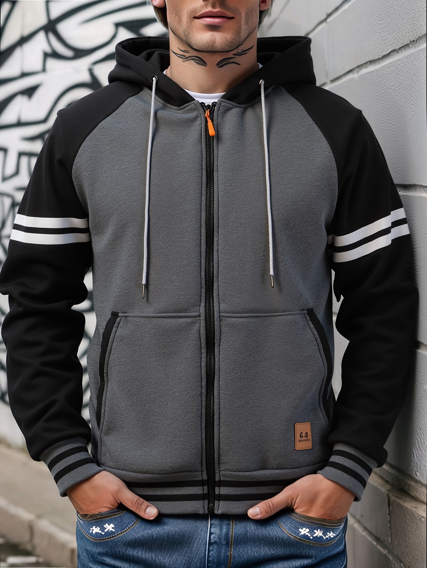 Men's 2025 Autumn East New Zipper Hoodie - Black & Grey Color-Block Contrast with White Piping, Full-Zip Closure, Chest Pocket & Adjustable Hood, Casual Streetwear for Teen Boys & Young Men, Durable Everyday Outerwear