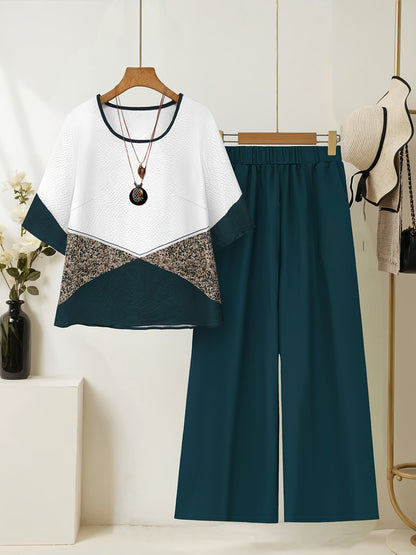 Women's fashionable printed patchwork round-neck top with solid-colored wide-leg trousers