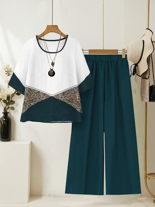 Women's fashionable printed patchwork round-neck top with solid-colored wide-leg trousers