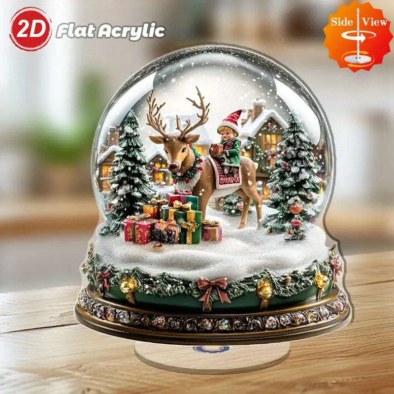 2D Flat, 1pc Rotating Acrylic Snow Globe with Deer & Fairies - Winter Wonderland Scene, Snow-Covered Trees & Twirling Mechanism, Indoor/Outdoor Christmas New Year Holiday Decoration, Lightweight Tabletop Decor for, gift, 2D F