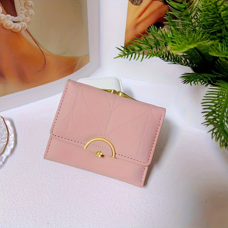 Compact Trifold Wallet for Women in Mint Green Featuring a Golden Clasp And Zippered Coin Compartment, Adorned with a Floral Pattern And Designed for Multiple Card Storage