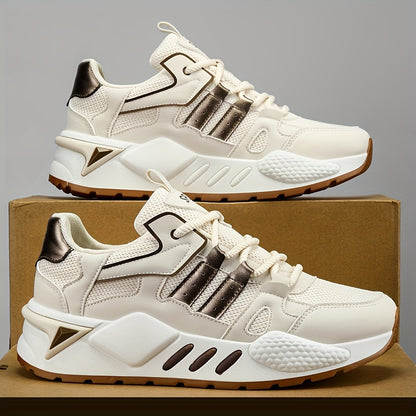 Men's Low-Top Skate Sneakers - White/Black Accent Lace-Up Shoes, Cushioned EVA Insole  Non-Slip Rubber Outsole for All-Season Urban Streetwear, Gym, Everyday - Breathable PU Upper Casual Shoes, Gym Footwear, Street Style, Du