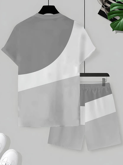 1 Set of 2pcs 3D Letter Print Fashion Tri-Color Men's Summer Fresh T-Shirt and Shorts Set, Slightly Stretchy Polyester Knit Fabric, Regular Fit, Suitable for Outdoor Activities and Family Gatherings