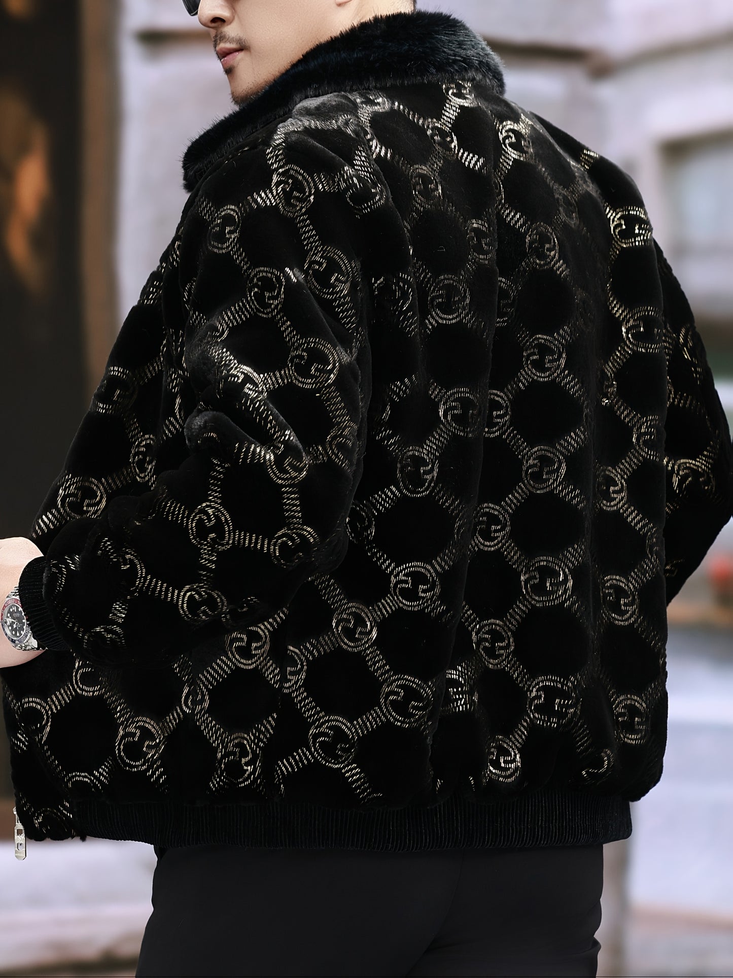 Men'S Winter Faux Fur Jacket | Black & Golden Contrast Design | Notch Lapel Collar | Zippered Closure | Polyester Lining | Stylish & Functional for Formal Occasions, Winter Outerwear | Contrast Color Jacket | Notch Lapel Coll