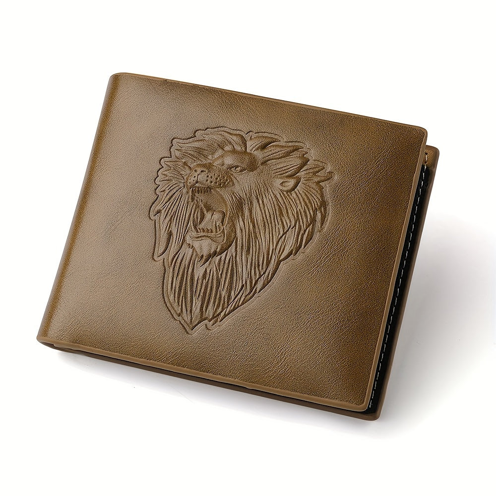 1pc Men's Lion 3D Embossed Pattern Wallet, Business PU Leather Wallet