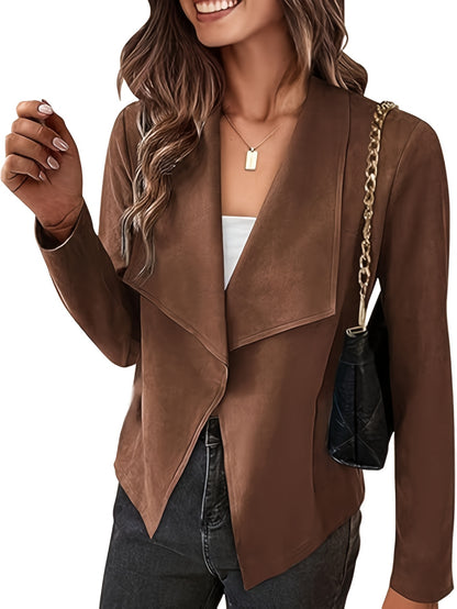 Plus Size, Olive Green Faux Fur Lapel Blazer - Stretchy Polyester Casual Jacket with Golden-Tone Chain Strap Shoulder Bag, Machine Washable Fall/Winter Outerwear for Women