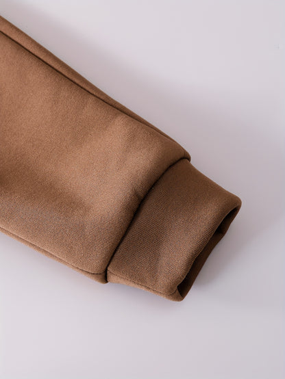 Boys' Fashion Set, Autumn/Winter Coffee Brown Hooded Lined Warm Jacket & Elastic Waist Velvet Pants with "ONPE‘" Letter Pattern - Casual Comfortable Thermal Sportswear Gift, Perfect for