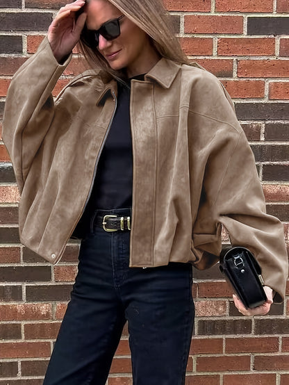 Women'S Vintage Bomber Jacket - Loose Fit Long Sleeve Zip-Up with Drop Shoulder Design, Brown Casual Outerwear for Fall/Winter, Non-Stretch Fabric, Perfect for Casual Attire, Autumn Winter Jacket | Vintage Bomber Style | Zipp