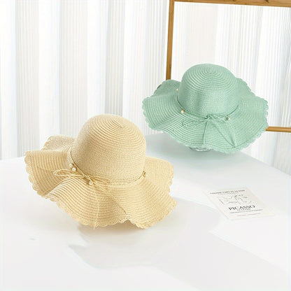 Women's Wide Brim Straw Sun Hat with Accents & Adjustable Ribbon - Protection Lace Trim Beach Wedding Casual Outdoor Hat for All Seasons